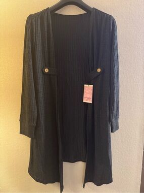 Black Ribbed Open-Front Trench Cardigan with Button-Tab Waist